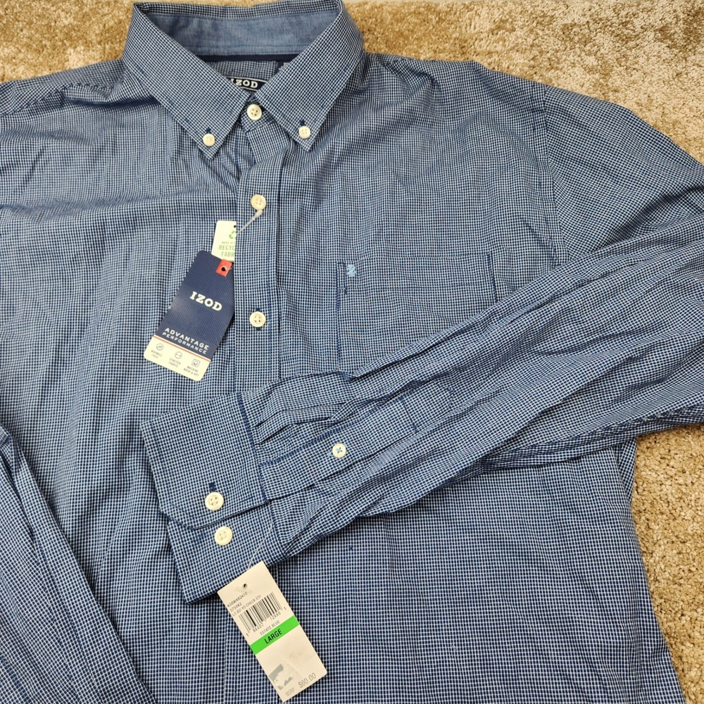IZOD Advantage Performance Mens Large Estate Blue Micro Check Button Down Shirt